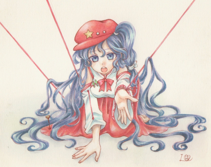 1girl :o all_fours bare_shoulders blue_eyes blue_hair bound bound_wrists breasts cabbie_hat commentary_request detached_sleeves dolls_in_pseudo_paradise flat_cap hair_ribbon hat hat_ornament highres io_(maryann_blue) label_girl_(dipp) long_hair long_skirt long_sleeves mandarin_collar medium_breasts neck_ribbon offering_hand open_mouth red_hat red_ribbon red_rope red_skirt ribbon rope shirt side_ponytail simple_background skirt solo stake star_(symbol) star_hat_ornament teeth touhou traditional_media upper_teeth_only very_long_hair wavy_hair white_background white_ribbon white_shirt white_sleeves wide_sleeves