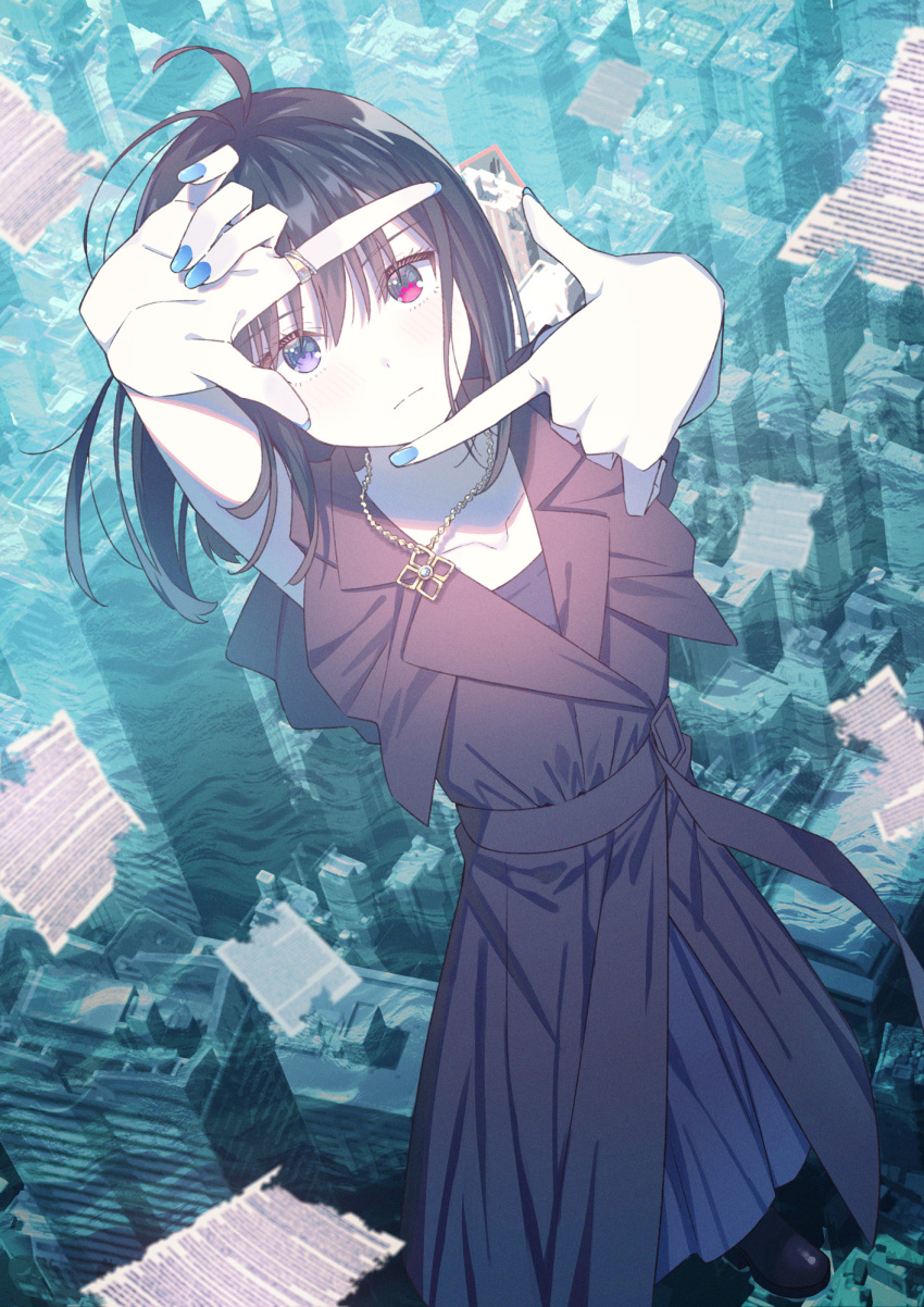1girl ahoge black_hair blue_dress blue_nails blush breasts closed_mouth collarbone commentary_request dress finger_frame from_above hair_between_eyes heterochromia highres koh_rd light_frown looking_at_viewer original red_dress red_eyes small_breasts violet_eyes