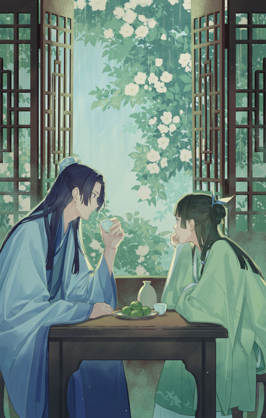 1boy 1girl absurdres architecture blue_eyes blue_hair blue_jacket blue_robe blunt_bangs bun_cover chinese_clothes cup day east_asian_architecture elbow_on_table feet_out_of_frame fingernails flower food from_side green_robe hair_bun hair_ribbon half_updo hanfu head_rest highres holding holding_cup indoors jacket jinshi_(kusuriya_no_hitorigoto) kusuriya_no_hitorigoto lattice long_hair long_sleeves looking_at_another looking_outside looking_to_the_side maomao_(kusuriya_no_hitorigoto) open_window parted_bangs plate rain ribbon robe sidelocks single_hair_bun sitting sleeves_past_wrists stool sweets table tsubsa_syaoin violet_eyes wide_sleeves window wooden_table
