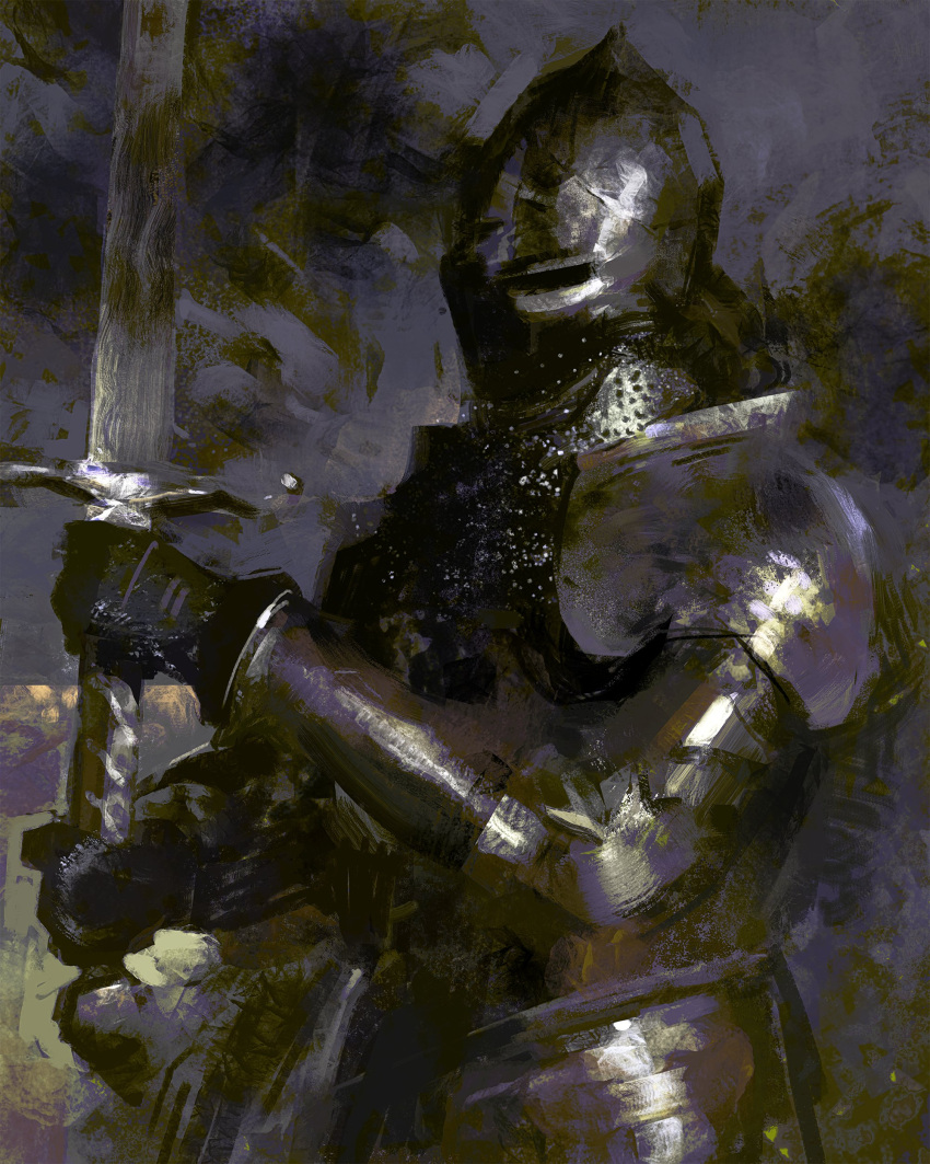 1other absurdres ambiguous_gender armor breastplate commentary english_commentary faux_traditional_media full_armor gauntlets gloves helmet highres holding holding_sword holding_weapon knight painterly pauldrons plate_armor shoulder_armor smile solo sword upper_body vambraces weapon yuming_li