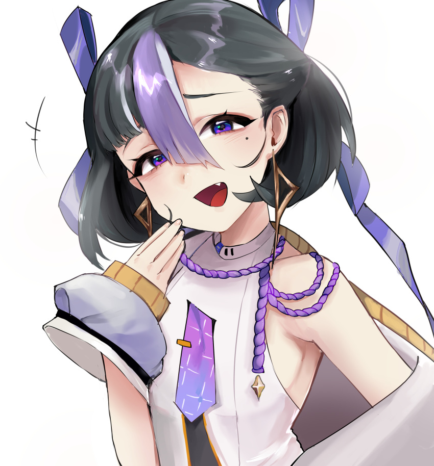 1girl absurdres black_hair earrings fang goddess_of_victory:_nikke guaiava1 hair_ribbon highres jewelry laughing looking_at_viewer medium_hair mole mole_under_eye multicolored_hair open_mouth purple_hair purple_ribbon ribbon shirt sleeveless sleeveless_shirt smile smug solo streaked_hair syuen_(nikke) tongue violet_eyes white_background white_hair white_shirt