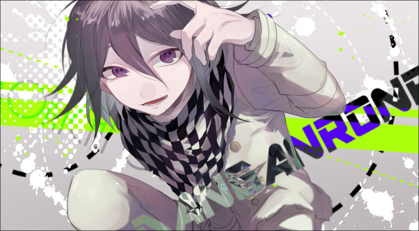 1boy 3103vv arm_belt belt black_border black_scarf blood blood_splatter border buttons checkered_clothes checkered_scarf commentary_request copyright_name cowboy_shot danganronpa_(series) danganronpa_v3:_killing_harmony fingernails gradient_background grey_background hair_between_eyes hand_up jacket layered_sleeves long_sleeves lower_teeth_only male_focus multiple_belts oma_kokichi open_mouth partial_commentary polka_dot purple_hair scarf short_hair simple_background smile solo squatting teeth thigh_belt thigh_strap two-tone_scarf violet_eyes white_belt white_blood white_jacket white_scarf white_sleeves