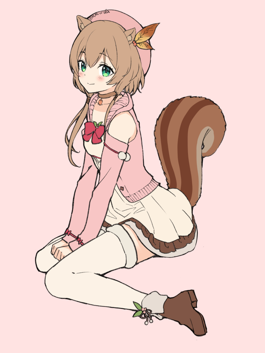 1girl acorn_pendant animal_ears ayunda_risu ayunda_risu_(1st_costume) blush bow bowtie brown_choker brown_footwear brown_hair cardigan choker clothing_cutout commentary dress fold-over_boots full_body fur-trimmed_thighhighs fur_trim green_eyes hair_ornament highres hololive hololive_indonesia ishida_aya leaf_hair_ornament long_sleeves looking_at_viewer mixed-language_commentary pink_background pink_beret pink_cardigan pom_pom_(clothes) red_bow red_bowtie shoulder_cutout simple_background sitting smile solo squirrel_ears squirrel_girl squirrel_tail tail thigh-highs virtual_youtuber wariza white_dress white_thighhighs