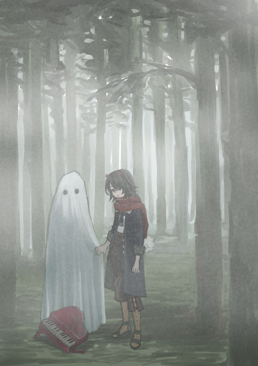 1boy 1other ambiguous_gender black_eyes black_hair black_necktie black_pants blue_coat closed_mouth coat expressionless fog forest ghost ghost_costume hair_over_one_eye highres holding_hands instrument koze_niire looking_at_viewer mashiro_meme mashiro_meme_(1st_costume) mini_piano nature necktie nijisanji open_clothes open_coat orange_pantyhose outdoors pants pantyhose piano red_scarf scarf shirt short_hair strappy_heels tree virtual_youtuber white_shirt wide_shot