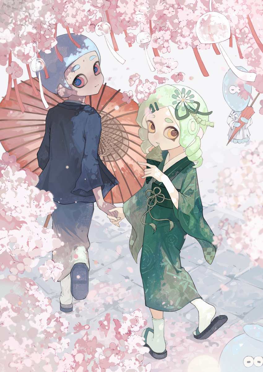 1boy 1girl absurdres cherry_blossoms commentary_request flower food from_above green_hair green_kimono grey_hair grey_hakama hair_flower hair_ornament hairclip hakama haori highres holding holding_food holding_hands holding_ice_cream holding_ice_cream_cone holding_umbrella ice_cream ice_cream_cone japanese_clothes jellyfish_(splatoon) kimono long_hair looking_back octoling octoling_boy octoling_girl octoling_player_character okobo outdoors red_eyes rongyu1029 sandals short_hair splatoon_(series) tentacle_hair thick_eyebrows umbrella walking yellow_eyes