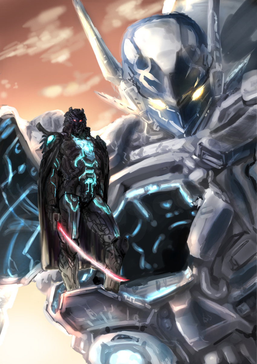 1boy ares_(xenoblade_x) armor black_knight_(xenoblade_x) cape clouds cloudy_sky floating glowing glowing_eyes highres holding holding_sword holding_weapon katana looking_at_viewer momomoxeno red_eyes skell_(xenoblade_x) sky standing sword weapon xenoblade_chronicles_(series) xenoblade_chronicles_x