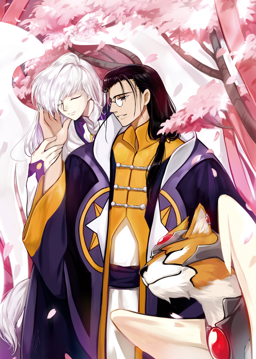 2boys absurdres angel_wings armored_animal black_hair cardcaptor_sakura cherry_blossoms chest_jewel chinese_clothes ciciya closed_eyes closed_mouth clow_reed coat cowboy_shot falling_petals feathered_wings flower glasses hair_behind_ear hair_over_shoulder hair_pulled_back hand_on_another's_cheek hand_on_another's_face highres jacket kerberos lion long_coat long_hair long_sleeves looking_at_another low_ponytail male_focus multiple_boys open_clothes open_coat parted_lips petals pince-nez pink_flower profile purple_coat robe round_eyewear sleeves_past_wrists smile standing star_(symbol) swept_bangs tangzhuang tree very_long_hair violet_eyes white_hair white_robe white_wings winged_animal wings yellow_jacket yue_(cardcaptor_sakura)