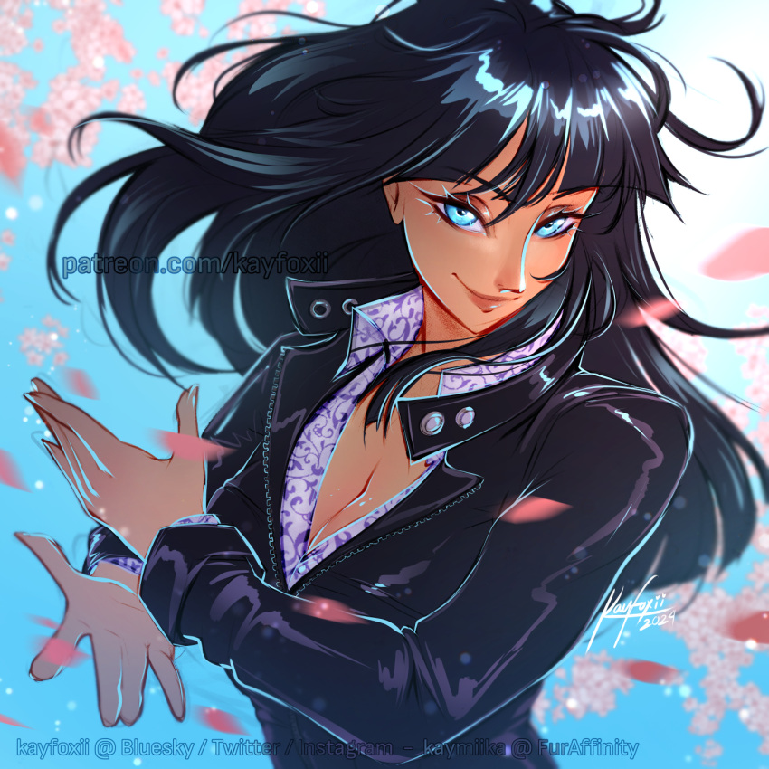 1girl 2024 black_dress black_hair blue_eyes bluesky_username blunt_bangs cherry_blossoms collared_shirt crossed_arms dress eyelashes floating_hair highres instagram_username kayfoxii leather_dress long_hair nico_robin one_piece patreon_username pink_petals shirt signature smile solo twitter_username upper_body