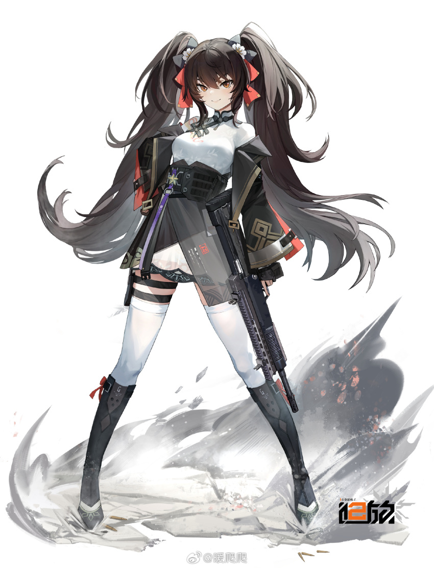 1girl absurdres assault_rifle black_footwear black_skirt black_sleeves boots bow breasts brown_eyes closed_mouth copyright_name dust full_body girls'_frontline_2:_exilium girls_frontline gun hair_bow hand_on_own_hip highres holding holding_gun holding_weapon holster knee_boots legs_apart logo long_hair long_sleeves looking_at_viewer medium_breasts miniskirt nuanpapa official_art qbz-97 red_bow rifle shirt skirt smile solo standing tachi-e thigh-highs thigh_holster twintails type_97_(girls'_frontline) underbust very_long_hair weapon weibo_logo weibo_username white_background white_shirt white_thighhighs zettai_ryouiki