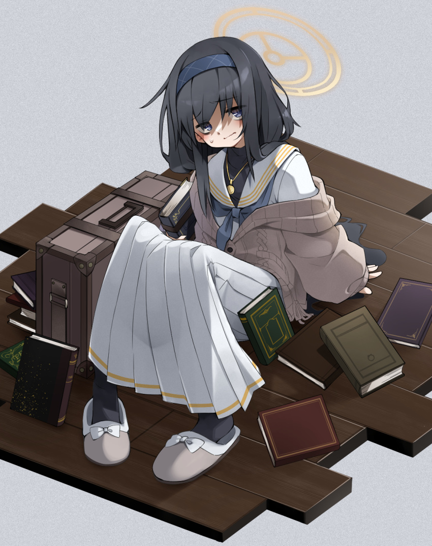 1girl arm_support black_eyes black_hair black_pantyhose blue_archive blue_neckerchief book book_stack brown_cardigan cardigan commentary_request datemegane falling full_body hair_between_eyes hairband halo head_tilt highres jewelry long_hair long_skirt long_sleeves looking_at_viewer low_twintails medium_hair neckerchief necklace open_cardigan open_clothes pantyhose pendant pleated_skirt ribbed_cardigan sailor_collar school_uniform serafuku sitting skirt slippers solo suitcase sweatdrop turtleneck twintails ui_(blue_archive) white_sailor_collar white_serafuku white_skirt wooden_floor