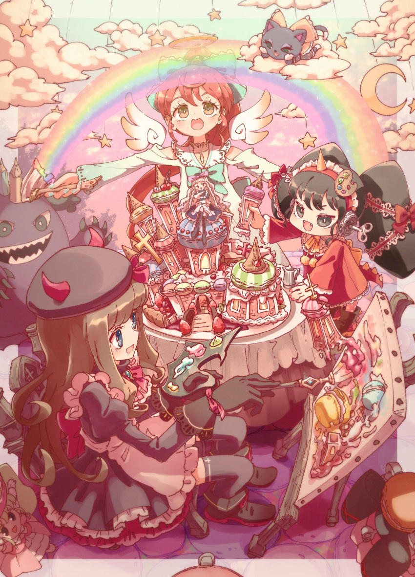 6+girls :d absurdres apron art_brush beret black_dress black_footwear black_gloves black_hair blue_bow blue_eyes blunt_bangs boots bow brown_hair canvas_(object) carrying castle cat clouds crescent_moon demon_horns drawing_(action) dress easel food frilled_dress frills full_body gaaruru_(pripara) gajira_(pripara) gingerbread_house gloves grey_hair hair_bow hairband halo hat headphones highres holding holding_paintbrush holding_palette horns idol_time_pripara juliet_sleeves koda_michiru kurosu_aroma long_hair long_sleeves looking_ahead looking_up macaron miichiru_(pripara) mini_falulu mini_person minigirl moon multiple_girls neko_(pripara) open_mouth outstretched_arms paintbrush painting_(action) palette_(object) pencil ponytail pretty_series pripara puffy_sleeves rainbow red_hairband redhead ruru_ashihara shiratama_mikan sidelocks sitting smile spread_arms star_(symbol) third-party_source twintails very_long_hair wavy_hair white_apron white_wings winding_key wings yellow_eyes