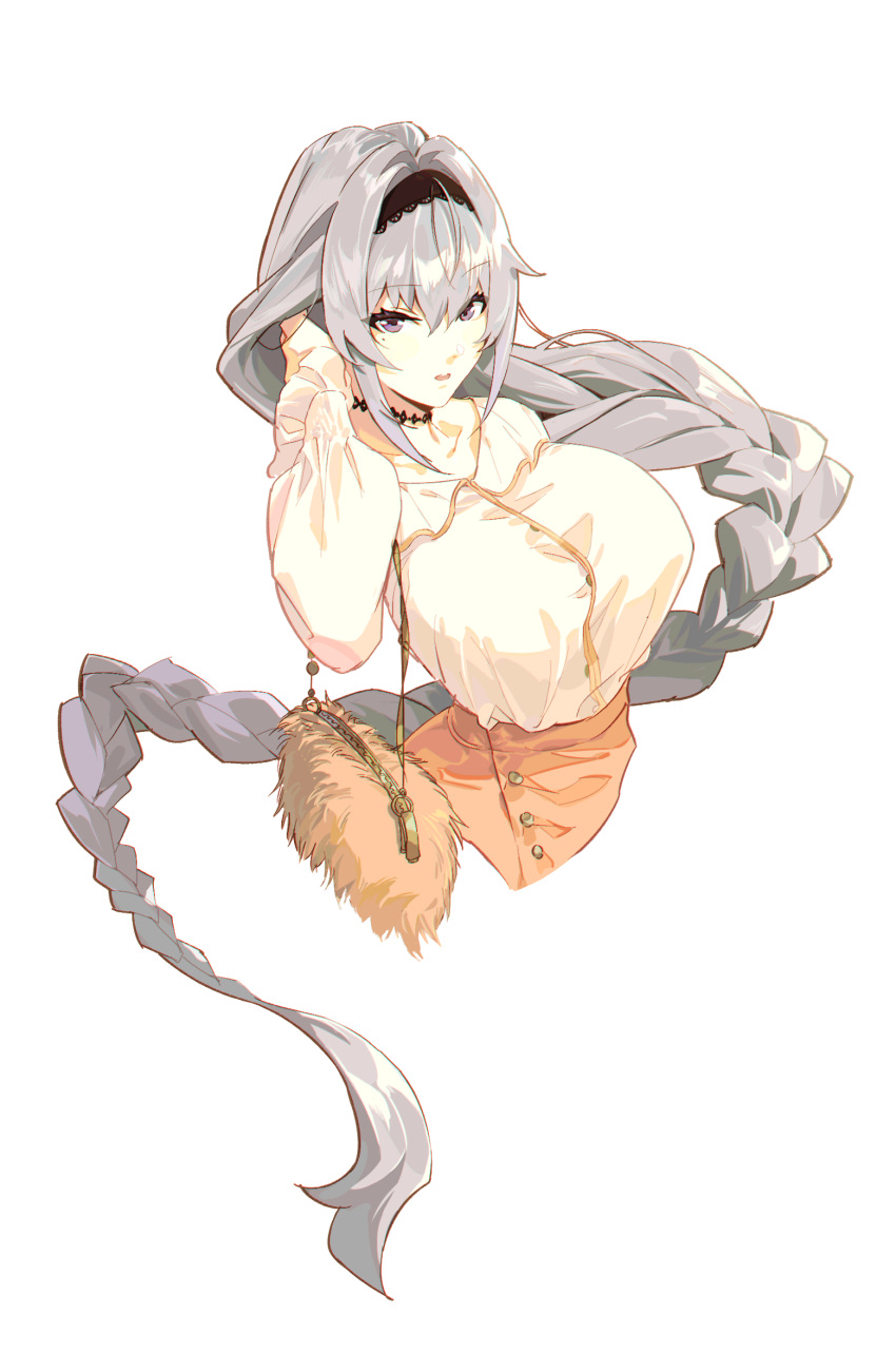 1girl adjusting_hair ahoge alternate_costume bag bianca_(punishing:_gray_raven) black_choker black_hairband braid breasts chinese_commentary choker chun_plus collarbone commentary_request cropped_torso frilled_hairband frills fur_bag grey_hair hair_between_eyes hair_intakes hairband hand_up handbag highres large_breasts long_braid long_hair looking_at_viewer mole mole_under_eye orange_bag orange_skirt punishing:_gray_raven shirt simple_background skirt solo upper_body very_long_hair violet_eyes white_background white_shirt