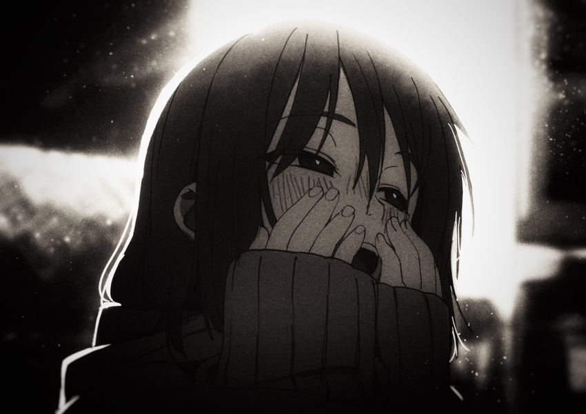 1girl backlighting blush chou_(danny8461) close-up enpera greyscale hands_on_own_cheeks hands_on_own_face highres light_particles looking_to_the_side monochrome open_mouth original scarf sleeves_past_wrists solo