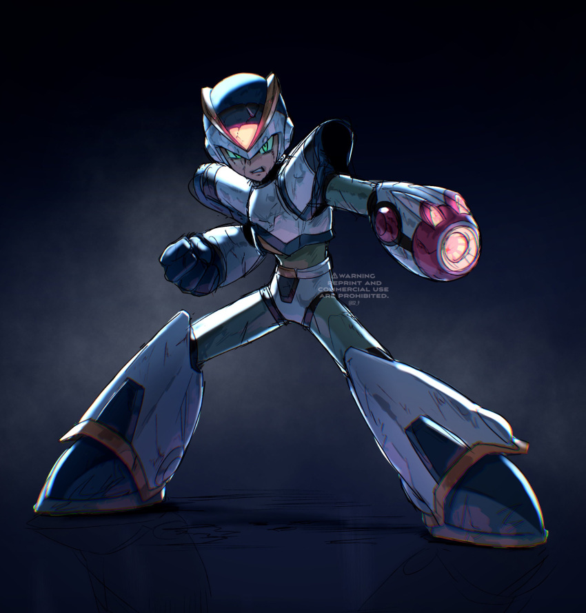 1boy absurdres android arm_cannon armor blue_helmet boots clenched_teeth damaged dark_background first_armor_x_(mega_man) full_body glowing green_eyes highres injury looking_at_viewer mega_man_(series) mega_man_x_(series) shoulder_armor solo tanaka_(is2_p) teeth weapon white_armor white_footwear white_helmet x_(mega_man)