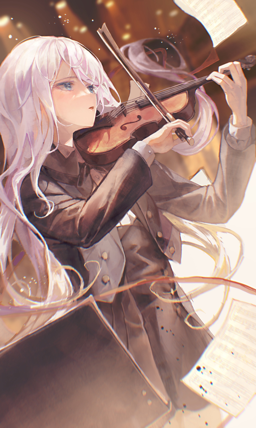 1girl absurdres black_bow black_skirt black_vest blue_eyes bow cowboy_shot english_commentary grey_hair high-waist_skirt highres holding holding_instrument holding_violin instrument lie_lack1080 light_particles looking_to_the_side music music_stand parted_lips playing_instrument project_sekai sheet_music shirt skirt solo standing swept_bangs vest violin white_hair white_shirt yoisaki_kanade