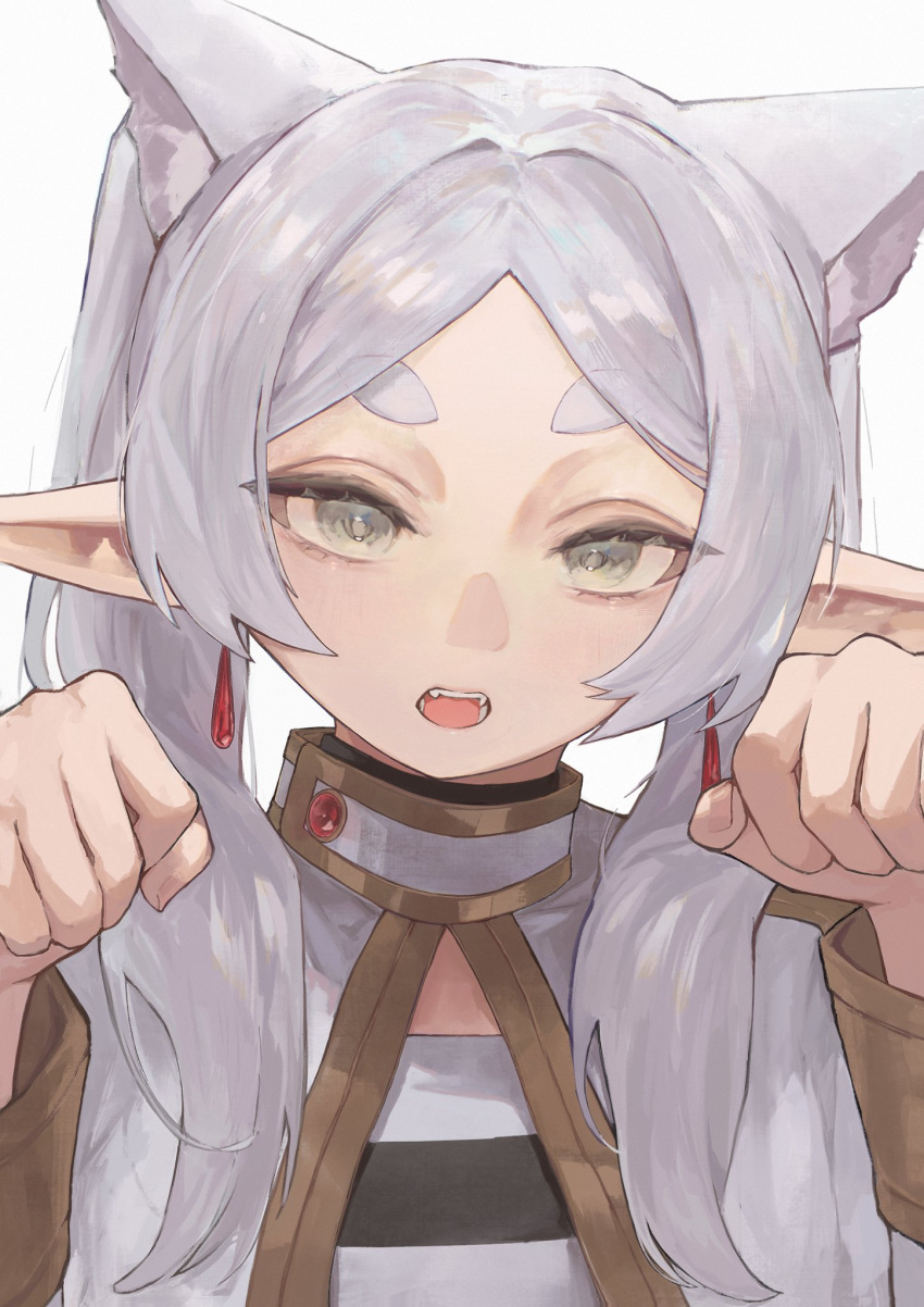 1girl animal_ears aonh_412 capelet cat_ears earrings fangs fingernails frieren green_eyes highres jewelry long_hair looking_at_viewer open_mouth parted_bangs pointy_ears short_eyebrows sidelocks simple_background solo sousou_no_frieren thick_eyebrows twintails upper_body white_background white_capelet white_hair