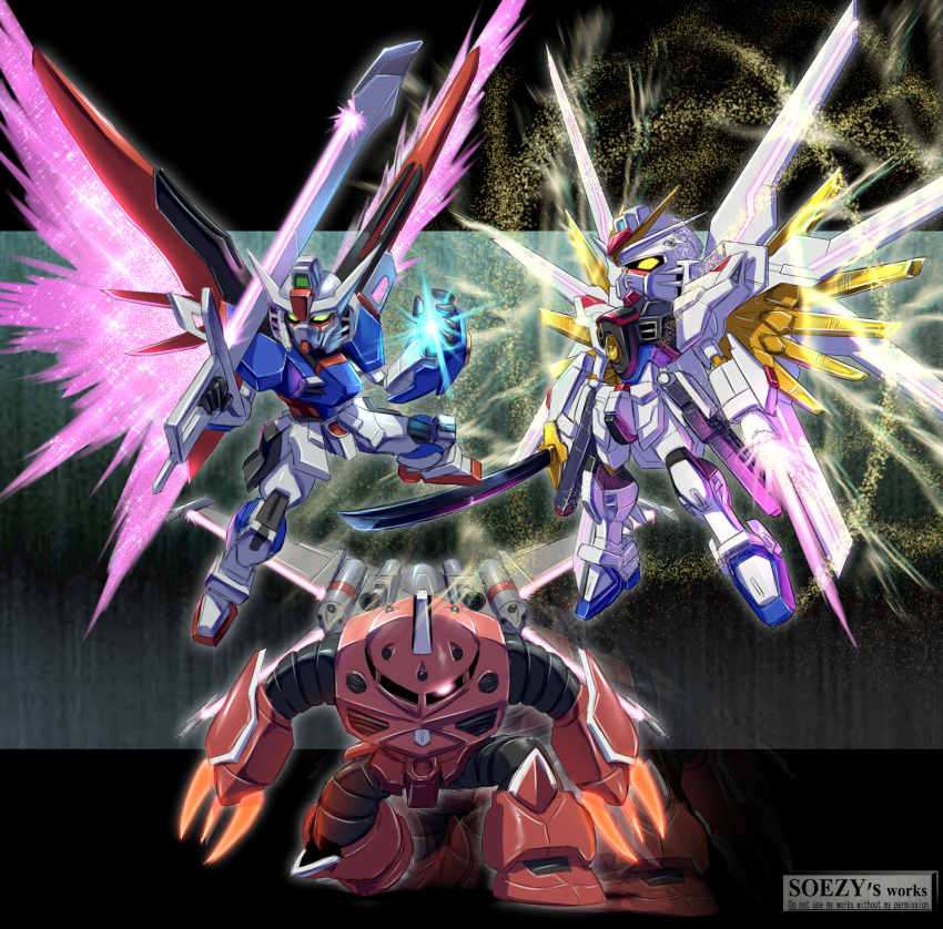 artist_logo assassin_silver beam_saber chibi commentary_request destiny_gundam_spec_ii dual_wielding energy_sword energy_wings full_body glowing glowing_eye glowing_hand green_eyes gundam gundam_seed gundam_seed_freedom highres holding holding_sword holding_weapon legs_apart light_particles looking_at_viewer mecha mecha_focus mechanical_wings mighty_strike_freedom_gundam mobile_suit no_humans on_one_knee one-eyed over_shoulder red_eyes robot science_fiction sd_gundam sword v-fin weapon weapon_over_shoulder wings yellow_eyes z'gok_(seed)