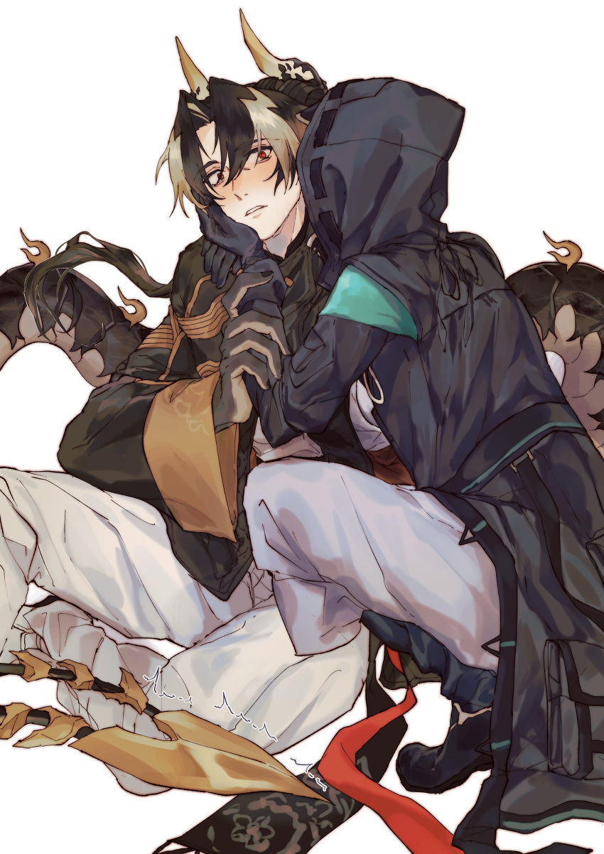 1boy 1girl absurdres arknights arm_around_shoulder arm_grab black_coat black_footwear black_hair black_nails blonde_hair blush bright_pupils brown_hair chong_yue_(arknights) coat colored_extremities commentary_request doctor_(arknights) dragon_boy dragon_horns dragon_tail feet_out_of_frame female_doctor_(arknights) floating_hair hand_on_another's_cheek hand_on_another's_face hand_up hetero highres hood hood_up hooded_coat horns korean_commentary long_hair long_sleeves looking_at_another looking_at_viewer low_ponytail multicolored_hair parted_lips red_eyes simple_background sitting slit_pupils squatting streaked_hair tail very_long_tail walhee221 white_background white_pupils wide_sleeves