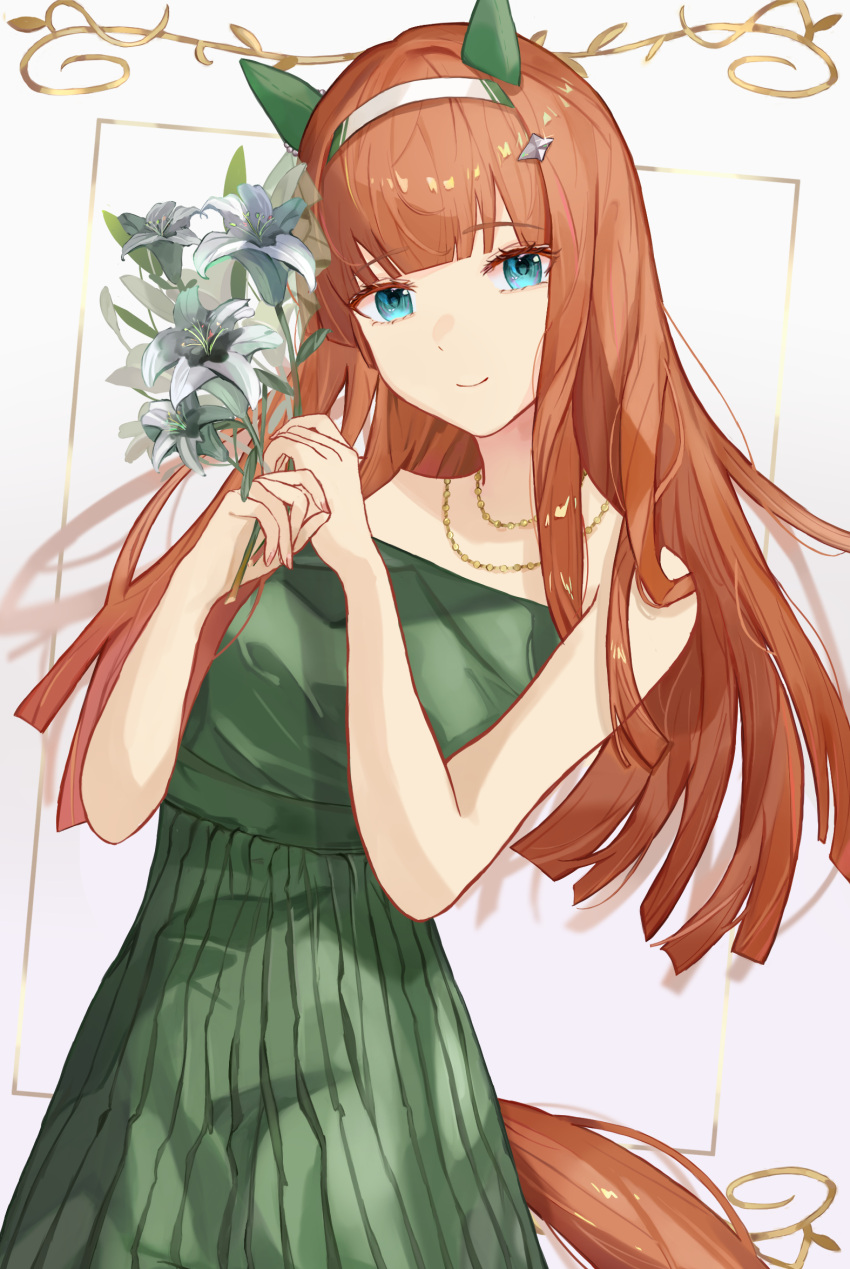 1girl animal_ears blue_eyes blunt_bangs breasts capelet closed_mouth dress flower green_dress grey_hairband hairband highres holding holding_flower horse_girl jewelry long_hair looking_at_viewer medium_breasts name_connection necklace notice_lines orange_hair pleated_dress red_capelet silence_suzuka_(umamusume) simple_background smile solo standing tail umamusume watage_tanpopo white_background