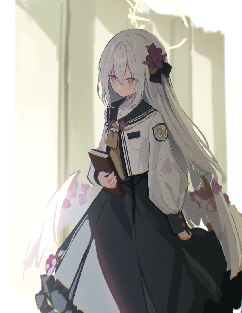 1girl absurdres angel_wings azusa_(blue_archive) black_dress blue_archive book closed_mouth dress feathered_wings flower grey_hair hair_flower hair_ornament halo highres holding holding_book jacket long_hair long_sleeves open_clothes open_jacket purple_flower solo takashima_shoa violet_eyes white_jacket white_wings wings yellow_halo