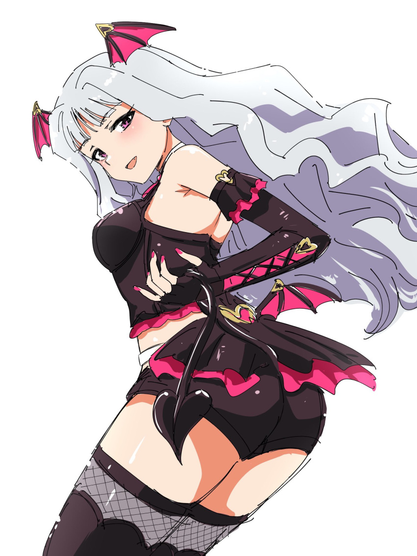 1girl armpits black_tank_top blunt_bangs blush breasts cowboy_shot demon_girl demon_tail demon_wings detached_sleeves dot_nose dress elbow_gloves eyelashes fangs fingerless_gloves fishnet_thighhighs fishnets frilled_dress frilled_gloves frills from_side gloves grey_hair heart-shaped_ornament highres idolmaster idolmaster_(classic) idolmaster_million_live! idolmaster_million_live!_theater_days large_breasts long_hair looking_at_viewer matcha_kingyo official_alternate_costume open_mouth red_eyes shijou_takane shorts sidelocks simple_background sleeveless solo tail tank_top thigh-highs very_long_hair wavy_hair white_background wings zettai_ryouiki