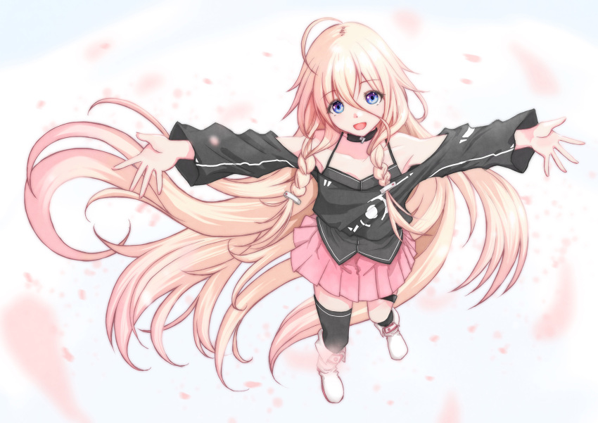 1girl :d ahoge asymmetrical_legwear black_choker black_shirt black_tank_top black_thighhighs blonde_hair blue_eyes boots braid cevio choker dot_nose english_commentary full_body highres ia_(vocaloid) long_hair looking_at_viewer loose_clothes loose_shirt mixed-language_commentary open_mouth outstretched_arms petals pink_petals pink_skirt sauzanto shirt single_thighhigh skirt smile solo standing tank_top thigh-highs thigh_strap tongue twin_braids very_long_hair vocaloid white_footwear