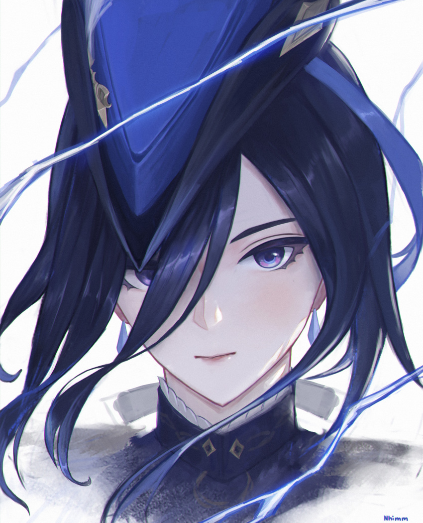 1girl absurdres blue_hair clorinde_(genshin_impact) commentary genshin_impact hat highres long_hair looking_at_viewer mrrd5723 portrait solo tricorne violet_eyes white_background