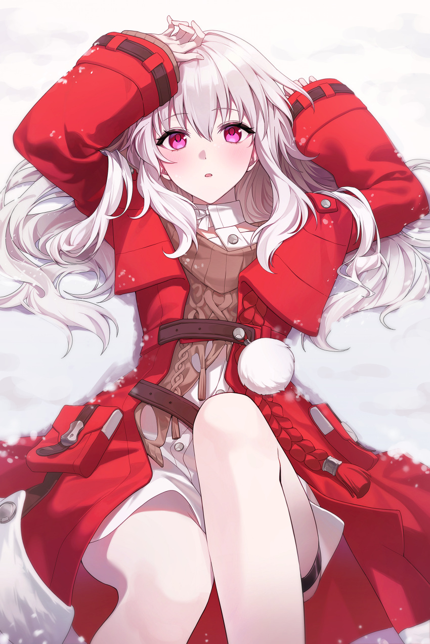 1girl absurdres brown_sweater clara_(honkai:_star_rail) coat dress highres honkai:_star_rail honkai_(series) long_hair lying on_back pom_pom_(clothes) red_coat seri_(serqxca) snow sweater violet_eyes white_dress white_hair