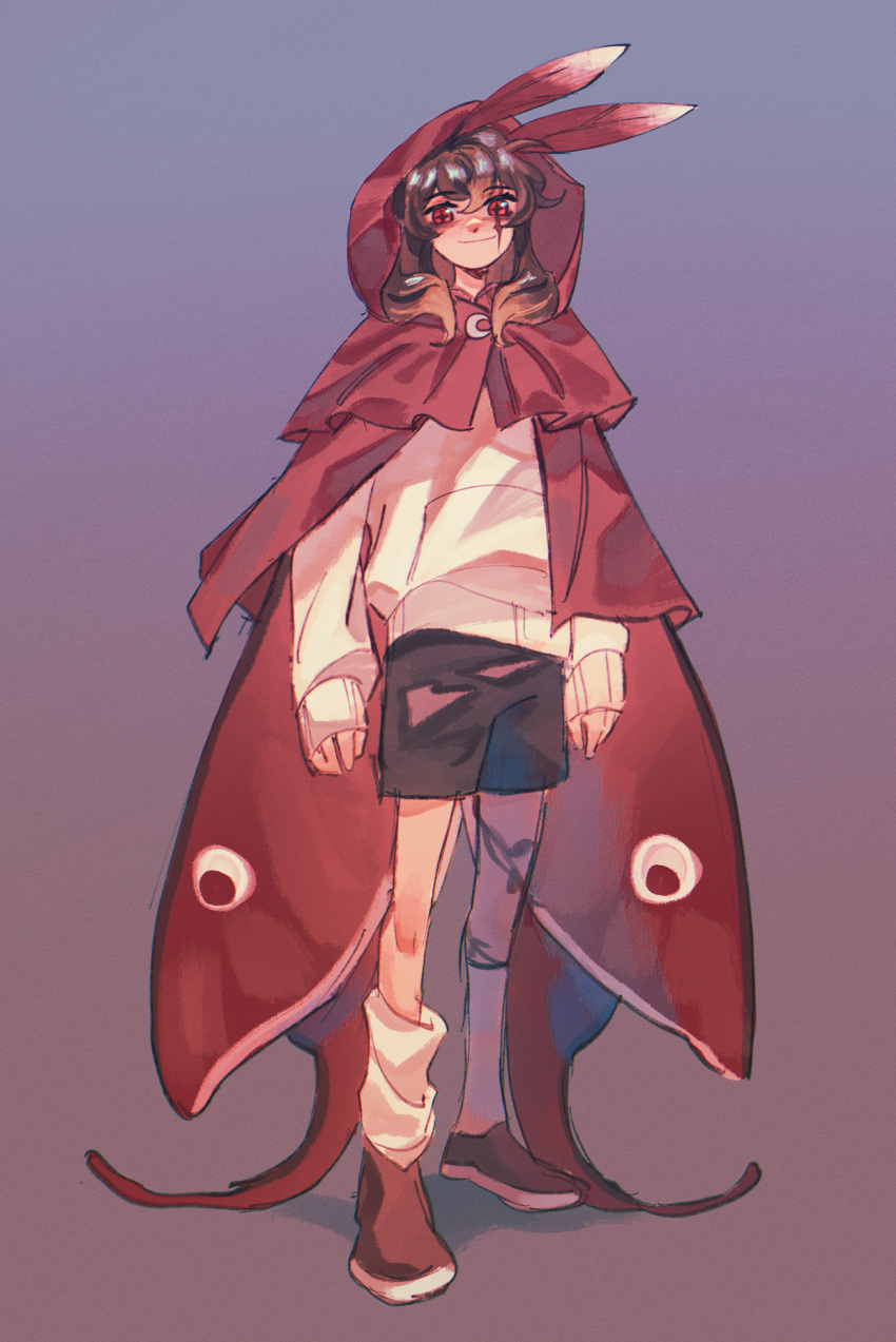 +_+ arthropod_girl black_shorts brown_hair cape crescent crescent_pin cyani07 full_body gradient_background hermitcraft highres insect_wings moth_antennae moth_girl moth_wings pearlescentmoon red_cape red_eyes red_footwear red_wings shorts simple_background socks standing sweater white_socks white_sweater wings