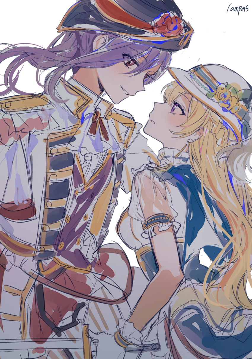 2girls ascot bang_dream! black_hat blonde_hair blue_cape cape commentary_request corset epaulettes eye_contact flower fresa_pie gloves hat hat_flower highres holding holding_sword holding_weapon jacket long_hair long_sleeves looking_at_another multiple_girls parted_lips purple_hair red_eyes red_flower seta_kaoru shirasagi_chisato shirt short_sleeves simple_background sword upper_body violet_eyes weapon white_ascot white_background white_gloves white_hat white_jacket white_shirt yellow_flower yuri