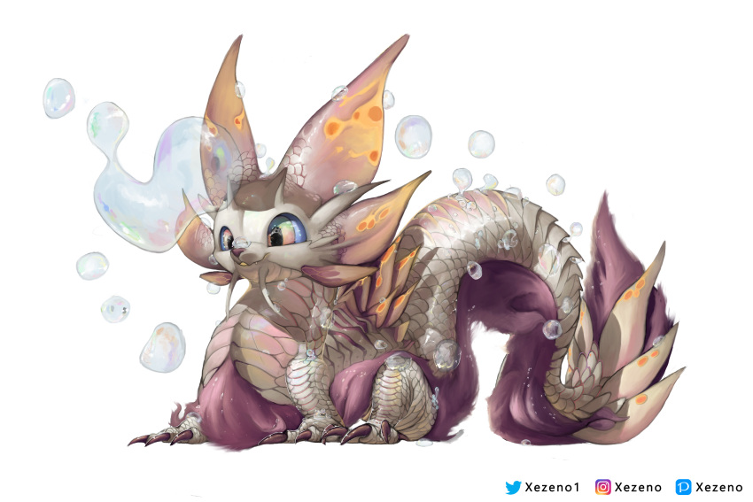 alternate_size blue_sclera chibi claws colored_sclera creature fangs fins full_body head_fins highres instagram_username mizutsune monster_hunter_(series) pink_eyes pink_fur pixiv_username procreate_(medium) scales soap_bubbles solo tail twitter_username whiskers white_background xezeno