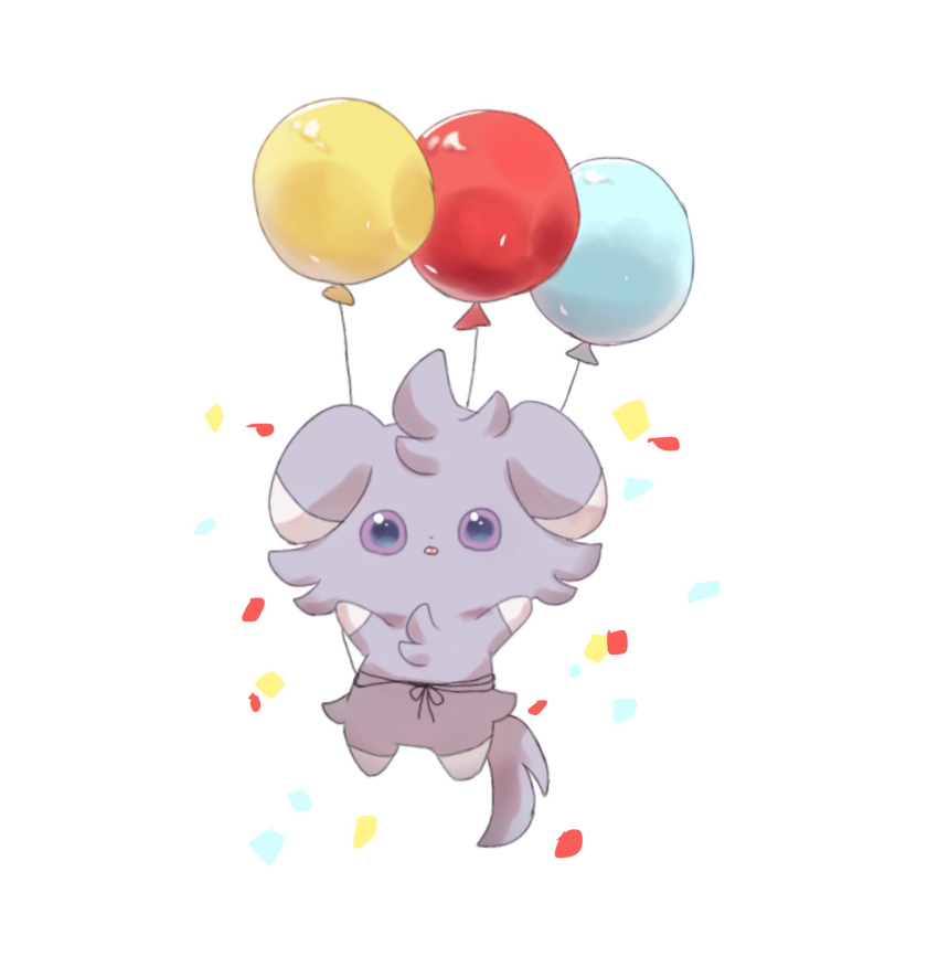 animal_focus arms_up balloon commentary_request confetti espurr grey_fur highres no_humans open_mouth pokemon pokemon_(creature) simple_background suimin_ap_(aroniumu) tail violet_eyes white_background
