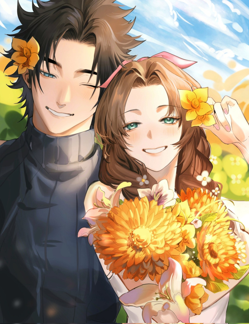 1boy 1girl aerith_gainsborough bare_shoulders black_hair blue_eyes blue_sky blue_sweater blush brown_hair clouds cloudy_sky commentary couple crisis_core_final_fantasy_vii final_fantasy final_fantasy_vii final_fantasy_vii_rebirth final_fantasy_vii_remake flower green_eyes hair_flower hair_ornament hair_ribbon hand_up head_tilt heads_together highres holding holding_flower long_hair looking_at_viewer one_eye_closed outdoors parted_bangs parted_lips pink_ribbon rekooo ribbed_sweater ribbon short_hair sky sleeveless sleeveless_turtleneck smile spiky_hair sunflower sweater symbol-only_commentary turtleneck turtleneck_sweater upper_body yellow_flower zack_fair