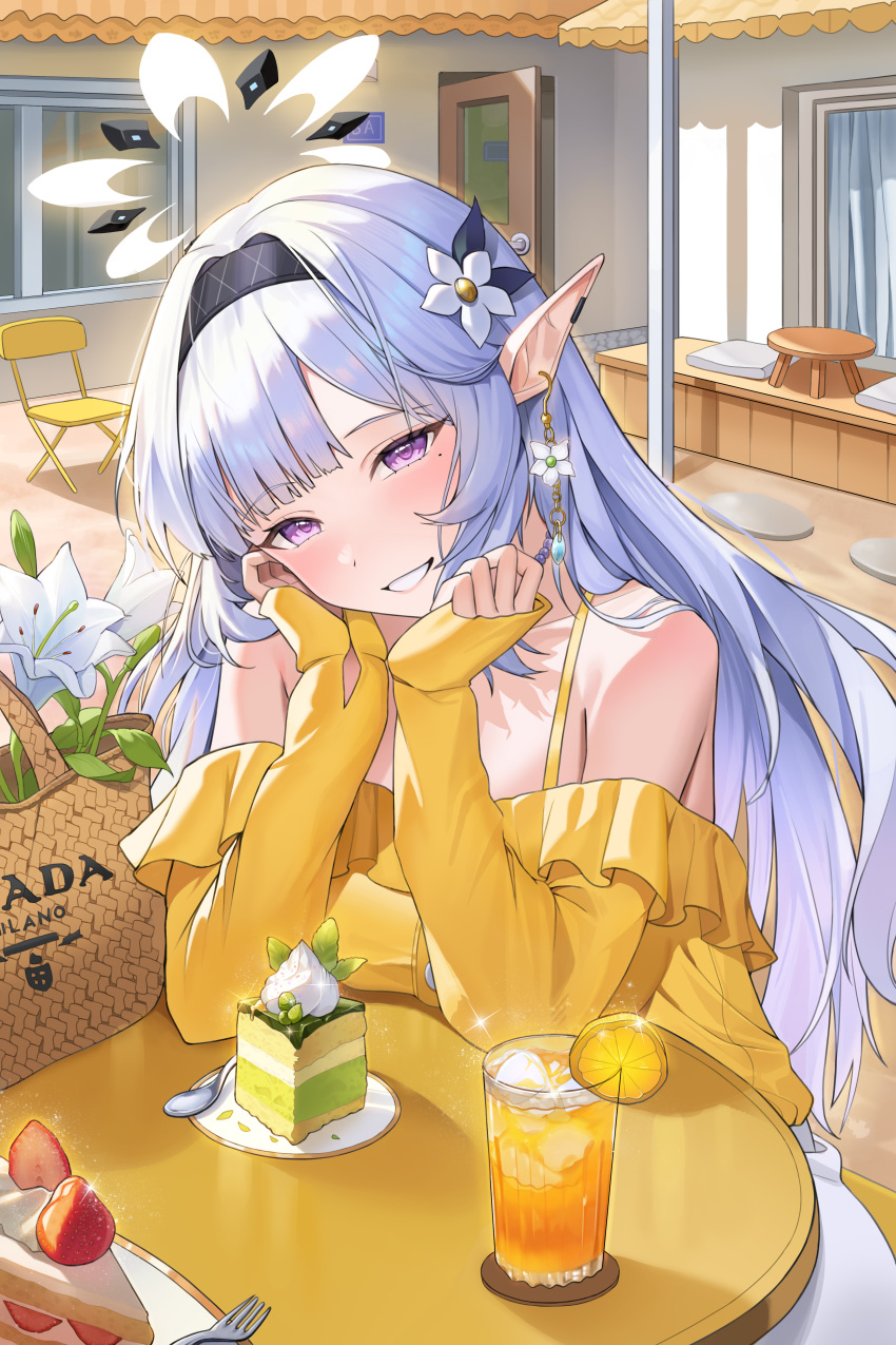1girl absurdres alternate_breast_size alternate_costume bag bare_shoulders blue_archive breasts cake cake_slice chair commentary_request cup dress drop_earrings earclip earrings flower food fork grey_hair grin hair_flower hair_ornament halo head_rest head_tilt highres himari_(blue_archive) jewelry kookie large_breasts long_hair long_sleeves looking_at_viewer mole mole_under_eye off-shoulder_dress off_shoulder outdoors own_hands_together pointy_ears sitting smile solo spoon violet_eyes white_flower white_halo yellow_dress