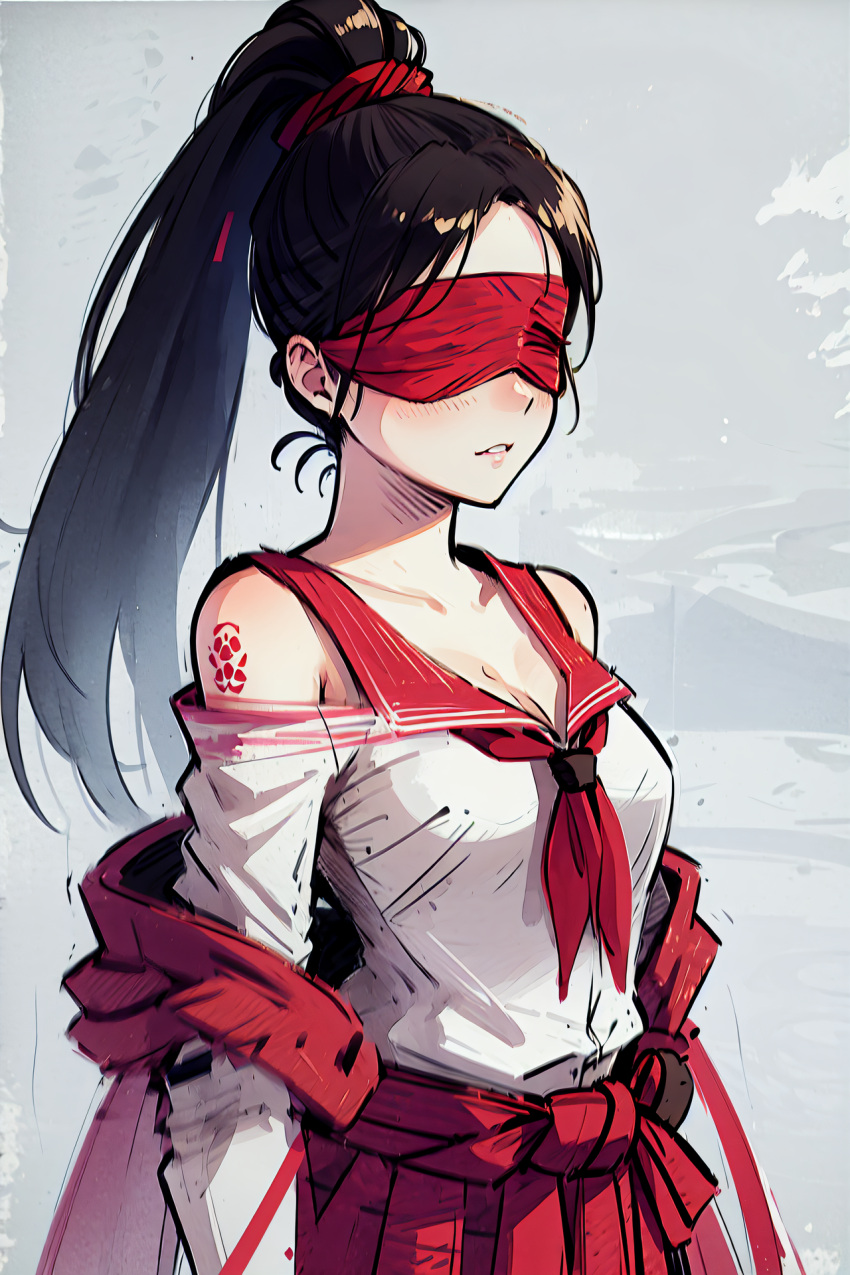 1girl black_hair blindfold chen_pringles highres non-web_source ponytail red_blindfold solo yong_jie_wujian