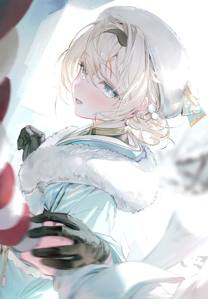 1girl absurdres black_gloves blonde_hair blue_eyes fur_collar gloves grabbing_another's_hand hair_between_eyes hat highres hololive kazama_iroha open_mouth pov pov_hands rope scan shimenawa short_hair solo_focus umibouzu_(niito) upper_body virtual_youtuber white_hat
