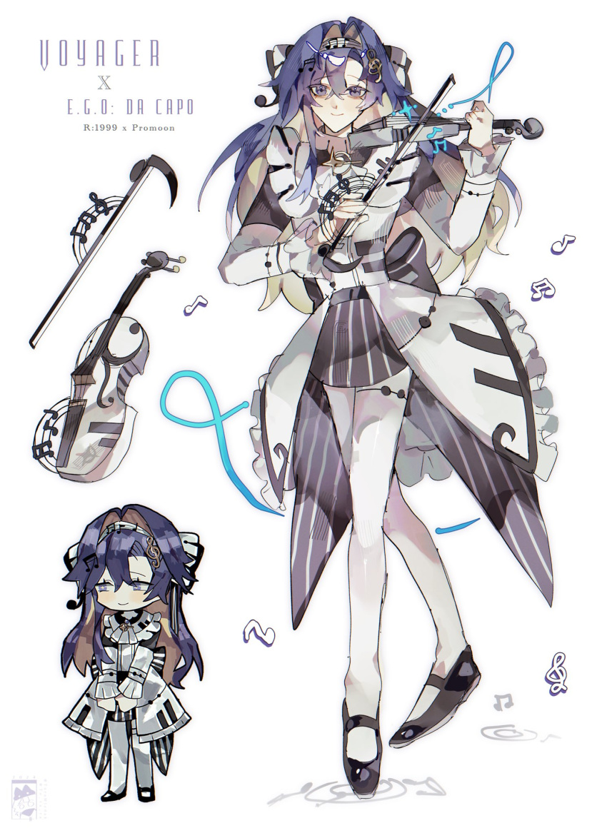 ascot character_request dress e.g.o_(project_moon) hair_ornament highres instrument library_of_ruina long_hair musical_note musical_note_hair_ornament project_moon purple_hair reverse:1999 scythe skirt solo the_silent_orchestra toramledak violet_eyes violin voyager_(reverse:1999) white_ascot white_dress