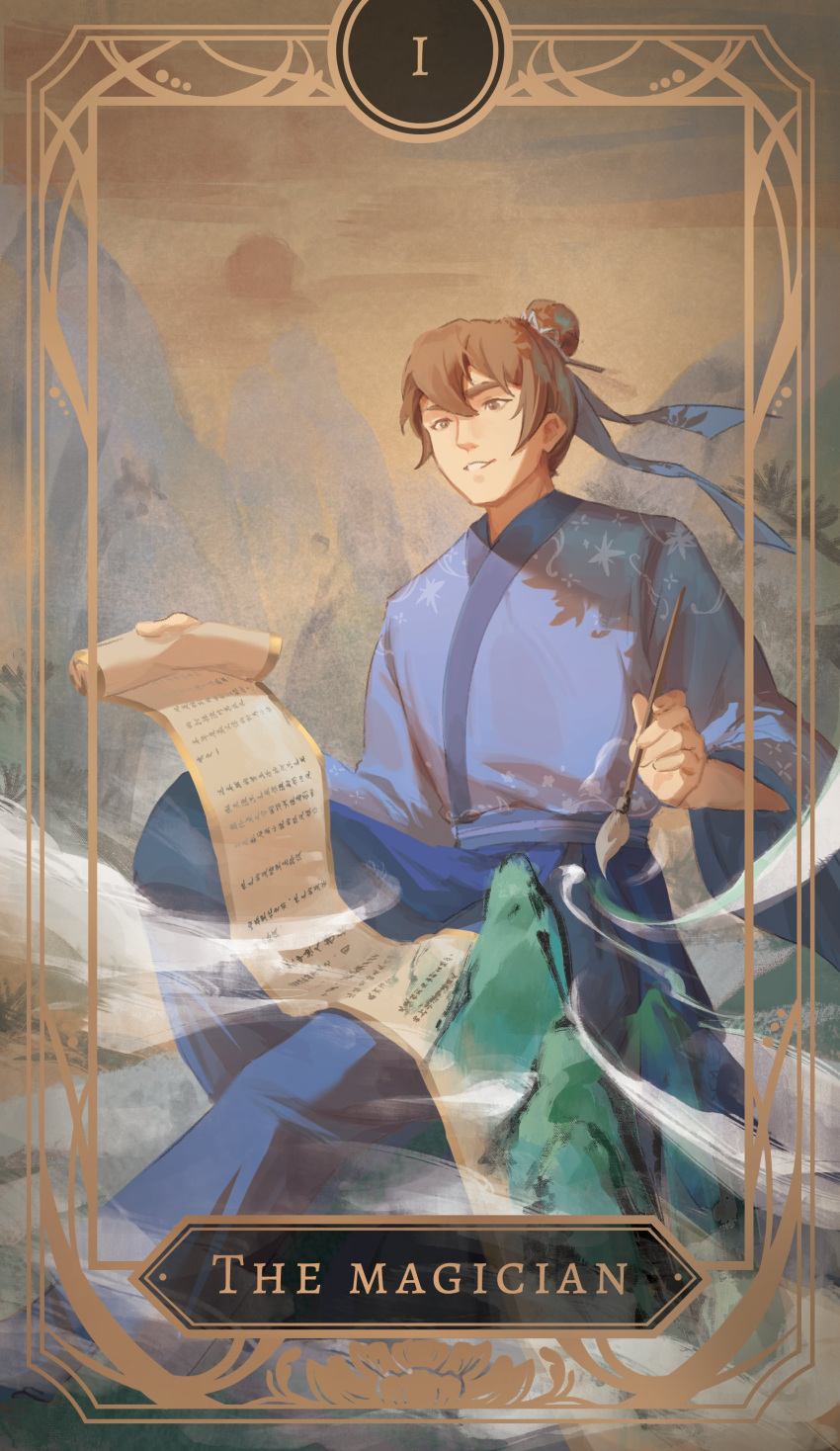 1boy absurdres blue_hanfu blue_ribbon brown_eyes brown_hair calligraphy_brush chapter_56 chinese_clothes english_commentary full_body giant hair_bun hair_ornament hair_ribbon hair_stick hanfu highres holding holding_calligraphy_brush holding_paintbrush holding_scroll long_sleeves looking_down male_focus mountain paintbrush parted_lips patterned_clothing renzha_fanpai_zijiu_xitong ribbon scroll shang_qinghua sitting sky smile smoke solo tarot tarot_(medium) the_magician_(tarot) wide_sleeves