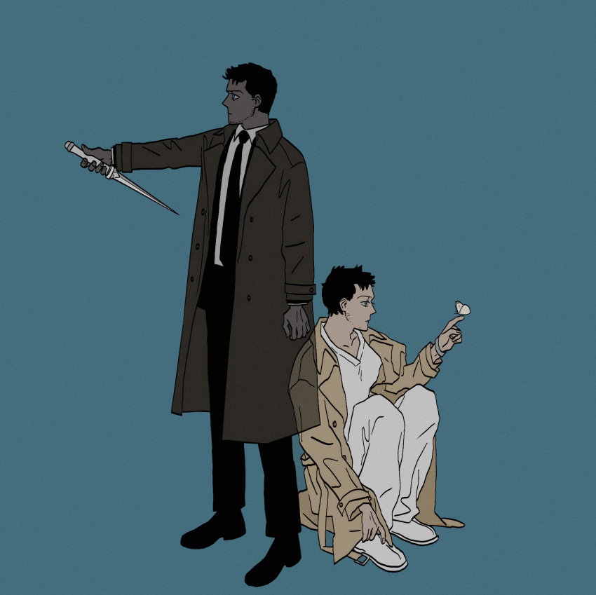 1boy angel black_hair blue_background blue_eyes bug butterfly butterfly_on_hand castiel coat facial_hair full_body highres holding holding_knife knife male_focus mature_male multiple_views rkelspn short_hair simple_background sitting stubble supernatural_(tv_series) trench_coat