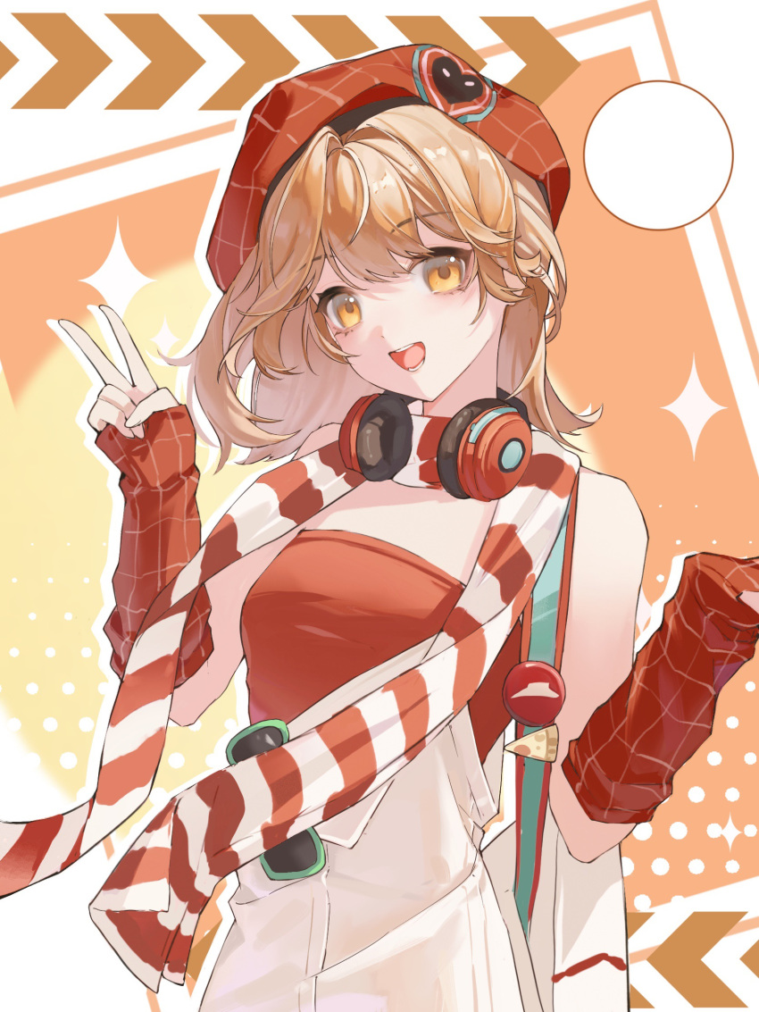 1girl :d arm_warmers badge bag bare_shoulders beret brown_hair dress eyewear_hang hands_up hat headphones headphones_around_neck highres looking_at_viewer multicolored_background official_alternate_costume orange_background orange_eyes pizza_hut red_arm_warmers red_hat red_scarf red_shirt regulus_(reverse:1999) reverse:1999 scarf shirt short_hair shoulder_bag sleeveless sleeveless_dress smile solo sparkle strapless strapless_shirt striped_clothes striped_scarf sunglasses teeth unworn_eyewear upper_body v white_background white_bag white_dress white_scarf xianyu_huan yellow_background
