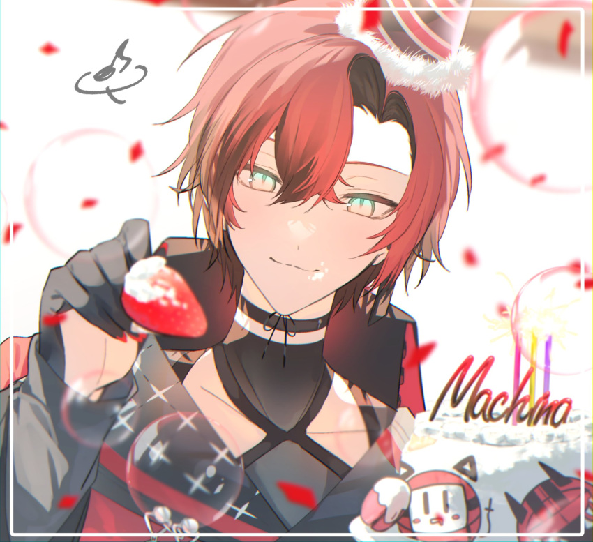 1boy birthday_cake bishounen black_choker cake choker closed_mouth food fork fruit hat highres holding holding_fork holostars holostars_english incoming_food looking_at_viewer machina_x_flayon male_focus party_hat redhead short_hair simple_background solo strawberry upper_body white_background xmayo0x