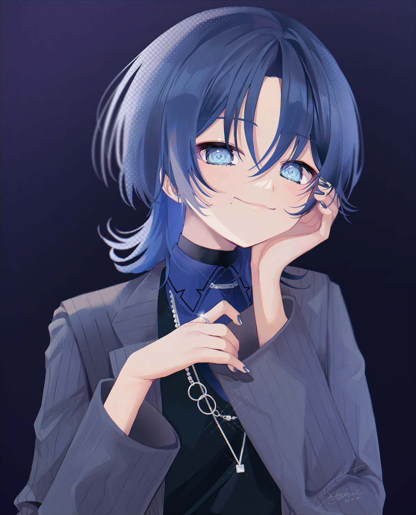 1girl :3 absurdres artist_name black_vest blue_eyes blue_hair blue_nails blue_shirt closed_mouth collared_shirt commentary_request dated fingernails grey_jacket hair_between_eyes hand_on_own_cheek hand_on_own_face hands_up highres hiodoshi_ao hololive hololive_dev_is jacket jewelry lapels looking_at_viewer medium_hair mole mole_under_mouth nail_polish necklace open_clothes open_jacket parted_bangs pinstripe_jacket pinstripe_pattern purple_background ring shirt sidelocks signature simple_background smile solo sparkle striped_clothes striped_jacket upper_body vertical-striped_clothes vertical-striped_jacket vest virtual_youtuber wing_collar yuuyu_(moco20111115)