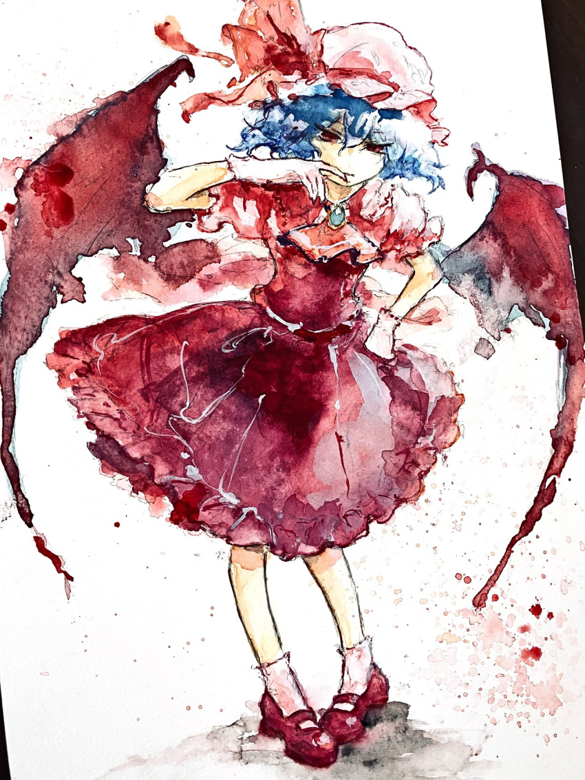 1girl ascot bat_wings blue_hair bow collared_shirt finger_to_mouth frilled_shirt_collar frilled_skirt frills full_body gloves hair_between_eyes hand_on_own_hip hat highres mary_janes mob_cap painting_(medium) photo_(medium) pigeon-toed puffy_short_sleeves puffy_sleeves red_ascot red_eyes red_footwear red_shirt red_skirt remilia_scarlet shirt shoes short_sleeves skirt socks solo standing touhou traditional_media watercolor_(medium) white_gloves white_socks wings yanyanman