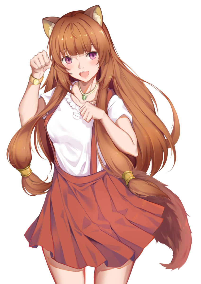 1girl :d animal_ear_fluff animal_ears animal_hands blunt_bangs blush breasts brown_hair collarbone commentary_request cowboy_shot gem green_gemstone hair_tubes highres jewelry kyuu_(chiu850513) long_hair looking_at_viewer medium_breasts necklace open_mouth pleated_skirt raccoon_ears raccoon_girl raccoon_tail raphtalia red_skirt shirt short_sleeves simple_background skirt smile solo standing suspender_skirt suspenders t-shirt tail tate_no_yuusha_no_nariagari violet_eyes watch watch white_background white_shirt
