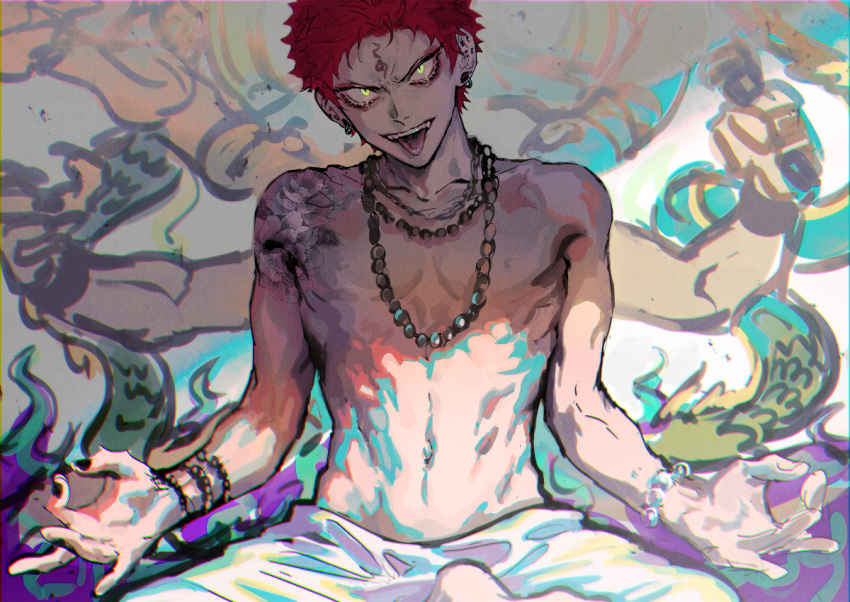 1boy abs bare_shoulders bead_bracelet bead_necklace beads bracelet buddhism chain_necklace colorful ear_piercing evil_grin evil_smile eyelashes eyeshadow facial_tattoo frown graffiti green_eyes grin hand_gesture hands_on_own_knees harai_kuko hypnosis_mic jewelry light_rays looking_at_viewer makeup male_focus necklace open_mouth pearl_bracelet pectorals piercing red_eyeshadow redhead shadow short_hair shoulder_tattoo sitting slit_pupils smile solo sunlight tattoo teeth tongue tongue_out tori_shiru tsurime upper_body upper_teeth_only