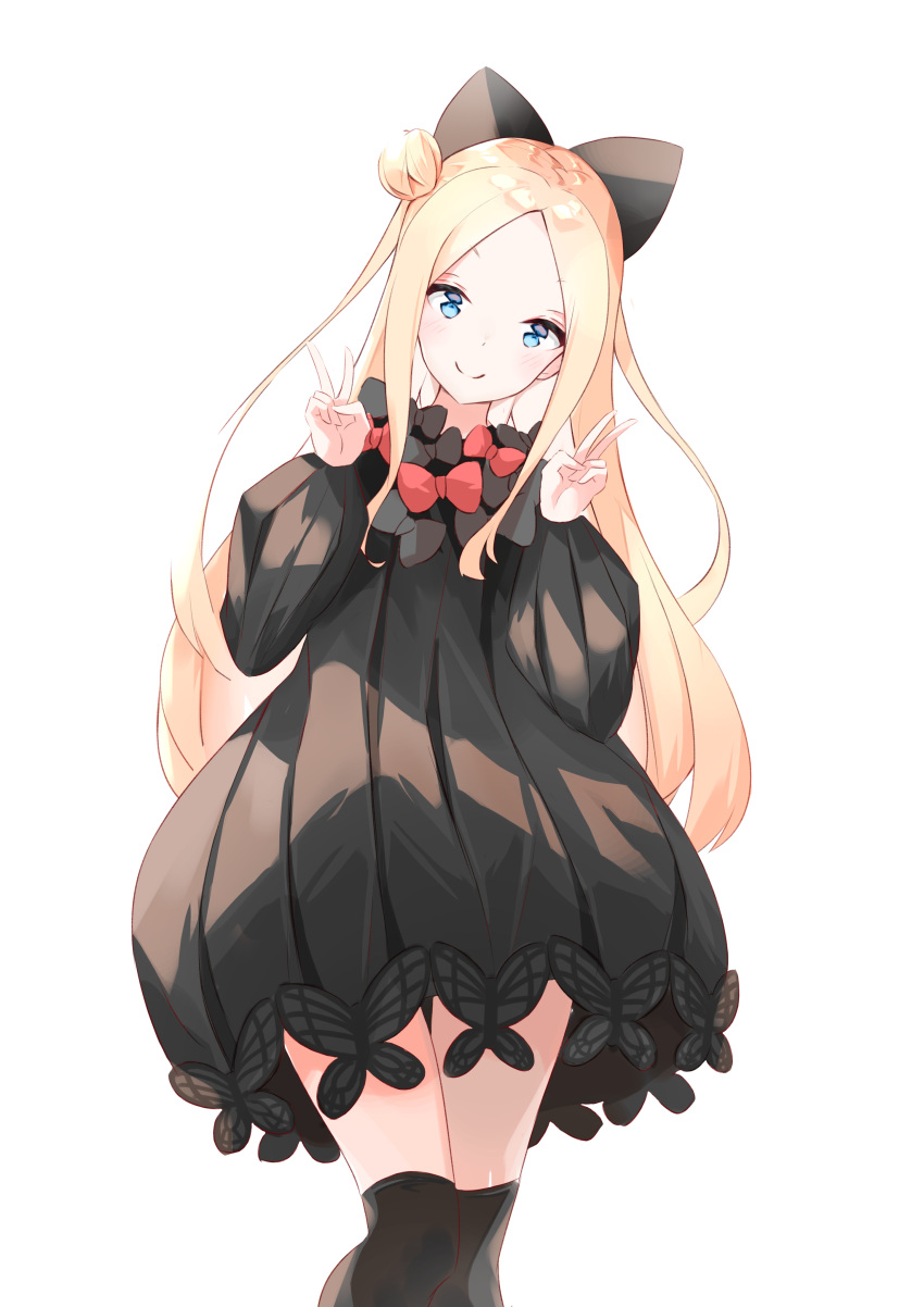 1girl abigail_williams_(fate) absurdres black_bow black_dress black_thighhighs blonde_hair blue_eyes blush bow bug butterfly closed_mouth commentary_request dress fate/grand_order fate_(series) feet_out_of_frame forehead hair_bun hands_up head_tilt highres long_hair long_sleeves looking_at_viewer orange_bow parted_bangs puffy_long_sleeves puffy_sleeves simple_background single_side_bun smile solo thigh-highs very_long_hair white_background yukaa