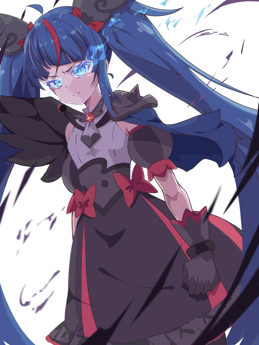 1girl absurdres armor aura black_wings blue_cape blue_eyes blue_hair bow brooch cape closed_mouth commentary cure_sky cut_bangs dark_aura dark_cure_sky dark_persona detached_sleeves dress dress_bow earrings feathered_wings frilled_dress frills frown gloves glowing glowing_eyes grey_dress grey_gloves highres hirogaru_sky!_precure jewelry long_hair looking_at_viewer magical_girl medium_dress multicolored_hair nuanko pauldrons precure puffy_detached_sleeves puffy_sleeves red_bow red_dress redhead shoulder_armor single_pauldron single_sidelock single_wing slit_pupils solo sora_harewataru spiked_pauldrons standing streaked_hair torn_cape torn_clothes twintails two-tone_dress white_background wing_brooch wing_hair_ornament wings
