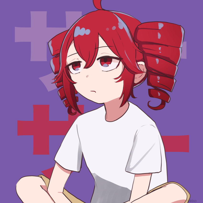 1girl absurdres alternate_costume bored closed_mouth commentary drill_hair feet_out_of_frame frown hakkousann125 highres indian_style kasane_teto liar_dancer_(synthesizer_v) looking_ahead purple_background red_eyes redhead shirt short_sleeves sidelocks sitting solo t-shirt text_background twin_drills utau white_shirt