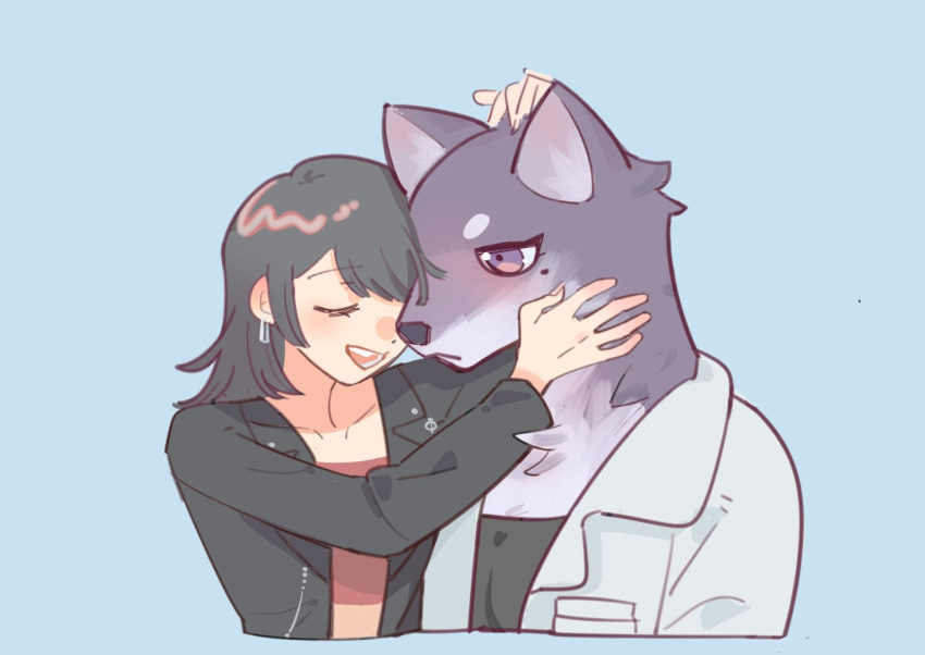 2girls bang_dream! bang_dream!_it's_mygo!!!!! black_hair black_jacket black_shirt blue_background blush closed_eyes collared_shirt commentary cropped_torso dog earrings furrification furry furry_female furry_with_furry hand_on_another's_head hashtag-only_commentary heads_together jacket jewelry long_hair multiple_girls open_clothes open_jacket open_mouth open_shirt red_shirt shiina_taki shirt simple_background smile takechi63 upper_body violet_eyes white_shirt yahata_umiri yuri