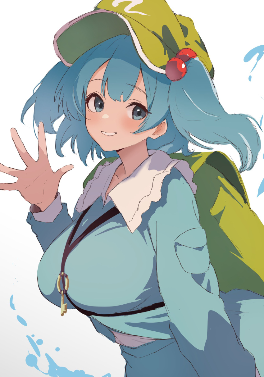 1girl absurdres backpack bag blue_eyes blue_hair blue_jacket blue_skirt blush breasts cabbie_hat commentary_request flat_cap green_bag green_hat grin hair_bobbles hair_ornament hat highres jacket jewelry kawashiro_nitori key key_necklace large_breasts long_sleeves looking_at_viewer medium_hair moriforest1040 necklace pocket shirt simple_background skirt skirt_set smile solo touhou twintails two_side_up undershirt upper_body waving white_background white_shirt